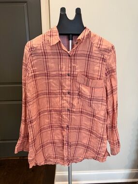 Free People Peach Plaid Button-Down Shirt